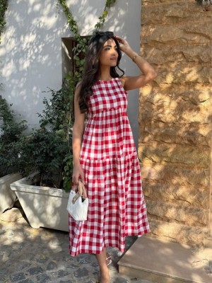 Red Handmade Gingham Cotton Midi Dress Sleeveless Summer Sundress Flare Cotton Checkered Kurti Gown