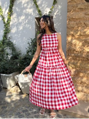 Red Handmade Gingham Cotton Midi Dress Sleeveless Summer Sundress Flare Cotton Checkered Kurti Gown