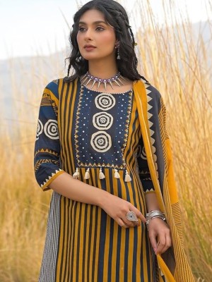 Monalisa Mustard Sequence Work On Yoke Cotton Kurti Pant With Dupatta Set For Women (Set Of 3)