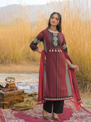Monalisa Red Sequence Work On Yoke Cotton Kurti Pant With Dupatta Set For Women (Set Of 3)