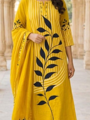 Aarushi Yellow Leaf Printed Cotton Kurti Pant With Dupatta Set For Women (Set Of 3)