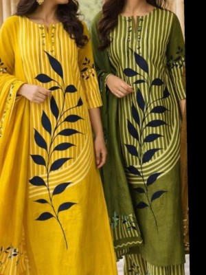 Aarushi Green Leaf Printed Cotton Kurti Pant With Dupatta Set For Women (Set Of 3)