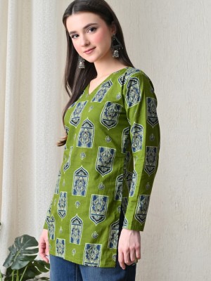 Karishma Green V-Neck Printed Top Cotton Short Kurti Tunic for Women