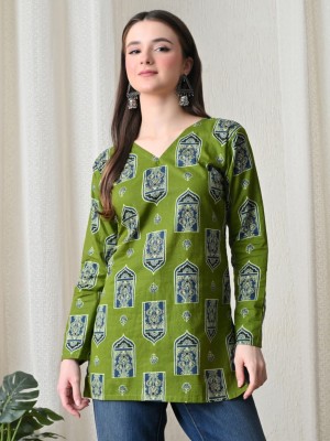 Karishma Green V-Neck Printed Top Cotton Short Kurti Tunic for Women