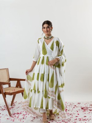 White Jungle Cypress Block Printed Angrakha Style Anarkali Kurti Pant Dupatta Set Readymade Salwar Kameez for Women