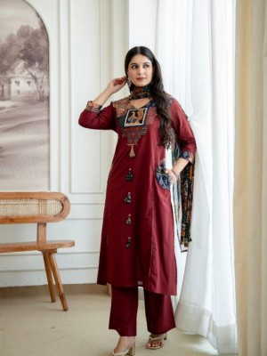 Dhwani Maroon Printed Applique Patchwork Indian Salwar Kameez Kurti Pant Dupatta Set with Both Side Pockets