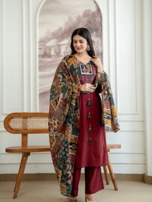 Dhwani Maroon Printed Applique Patchwork Indian Salwar Kameez Kurti Pant Dupatta Set with Both Side Pockets