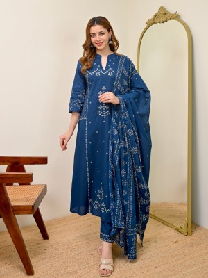 Blue Bandhej Printed Indian Salwar Kameez Anarkali Kurti Pant Dupatta Set for Women