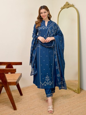 Blue Bandhej Printed Indian Salwar Kameez Anarkali Kurti Pant Dupatta Set for Women