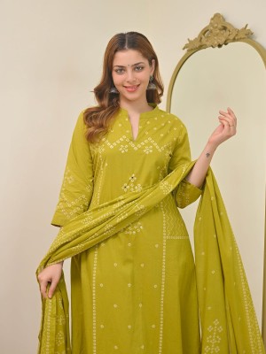 Mustard Yellow Bandhej Printed Indian Salwar Kameez Anarkali Kurti Pant Dupatta Set for Women