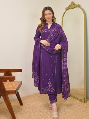 Purple Bandhej Printed Indian Salwar Kameez Anarkali Kurti Pant Dupatta Set for Women