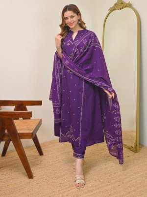 Purple Bandhej Printed Indian Salwar Kameez Anarkali Kurti Pant Dupatta Set for Women