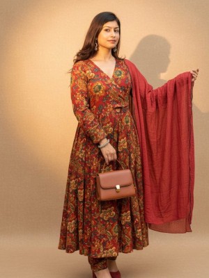 Maroon Full Flare Floral Printed Anarkali Kurta Pant Dupatta Set Indian Cotton Partywear Salwar Kameez Set