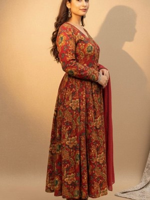 Maroon Full Flare Floral Printed Anarkali Kurta Pant Dupatta Set Indian Cotton Partywear Salwar Kameez Set
