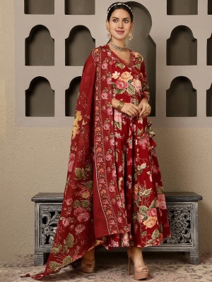 Maroon V-Neck Floral Printed Angrakha Style Indian Cotton Partywear Salwar Kameez Set