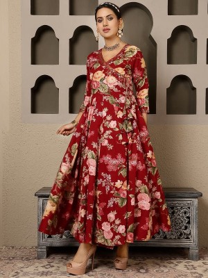 Maroon V-Neck Floral Printed Angrakha Style Indian Cotton Partywear Salwar Kameez Set