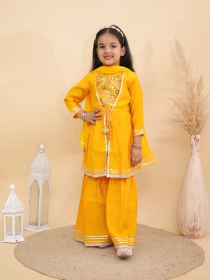 Yellow Floral Embroidered Indian Ethnic Kurti Pant Dupatta Set for Girl Kids Wear