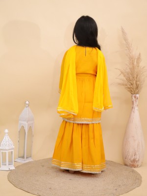 Yellow Floral Embroidered Indian Ethnic Kurti Pant Dupatta Set for Girl Kids Wear