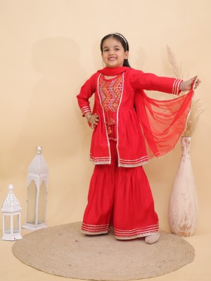 Red Floral Embroidered Indian Ethnic Kurti Pant Dupatta Set for Girl Kids Wear Salwar Kameez