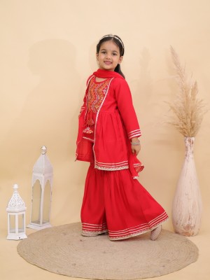Red Floral Embroidered Indian Ethnic Kurti Pant Dupatta Set for Girl Kids Wear Salwar Kameez
