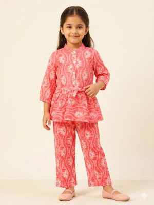 Pink Cotton Floral Printed Indian Ethnic Kurti Pant Co Ord Set for Girl Kids Wear Salwar Kameez
