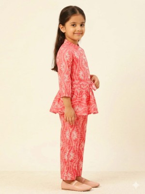 Pink Cotton Floral Printed Indian Ethnic Kurti Pant Co Ord Set for Girl Kids Wear Salwar Kameez