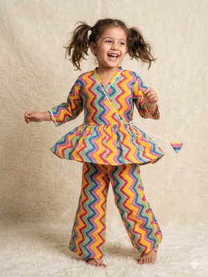 Multi Color Cotton Zigzag Printed Indian Ethnic Kurti Pant Co Ord Set for Girl Kids Wear Salwar Kameez