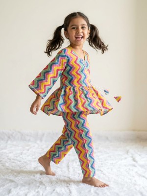 Multi Color Cotton Zigzag Printed Indian Ethnic Kurti Pant Co Ord Set for Girl Kids Wear Salwar Kameez