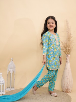 Blue Cotton Floral Printed Indian Ethnic Kurti Pant Dupatta Set for Girl Kids Wear Salwar Kameez
