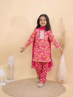 Pink Cotton Floral Printed Indian Ethnic Kurti Pant Dupatta Set for Girl Kids Wear Salwar Kameez