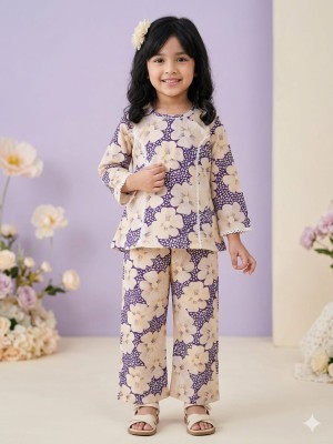 Lavender Cotton Floral Printed Indian Ethnic Kurti Pant Co Ord Set for Girl Kids Wear Salwar Kameez