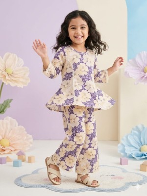 Lavender Cotton Floral Printed Indian Ethnic Kurti Pant Co Ord Set for Girl Kids Wear Salwar Kameez