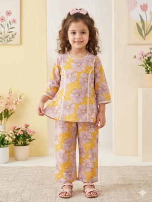 Golden Yellow Cotton Floral Printed Indian Ethnic Kurti Pant Co Ord Set for Girl Kids Wear Salwar Kameez