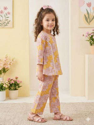 Golden Yellow Cotton Floral Printed Indian Ethnic Kurti Pant Co Ord Set for Girl Kids Wear Salwar Kameez