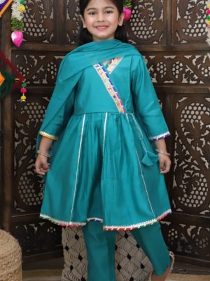 Blue Angrakha Style Indian Ethnic Kurti Pant Dupatta Set for Girl Kids Wear Salwar Kameez