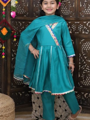 Blue Angrakha Style Indian Ethnic Kurti Pant Dupatta Set for Girl Kids Wear Salwar Kameez