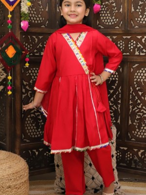 Red Angrakha Style Indian Ethnic Kurti Pant Dupatta Set for Girl Kids Wear Salwar Kameez