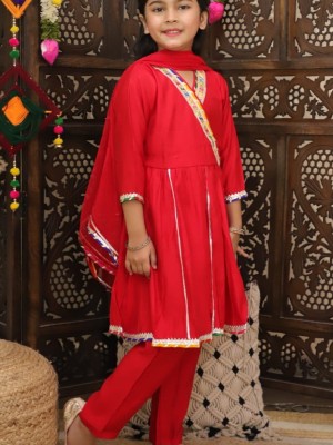 Red Angrakha Style Indian Ethnic Kurti Pant Dupatta Set for Girl Kids Wear Salwar Kameez