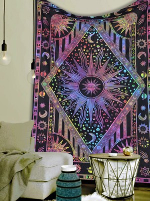 Mystic Celestial Burning Sun Tapestry Crescent Moon & Planet Stars Wall Hanging