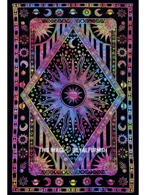 Mystic Celestial Burning Sun Tapestry Crescent Moon & Planet Stars Wall Hanging