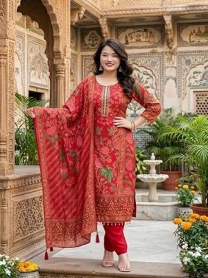 Trisha Red Elegant Floral Design Handwork Straight Fit Kurta Pant With Dupatta Salwar Suit (Set Of 3)