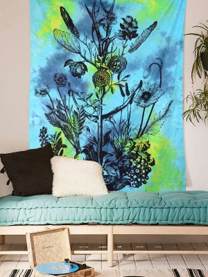 Hippie Multi Tie Dyed Opium Poppy Plant Printed Tapestry Wall Hanging