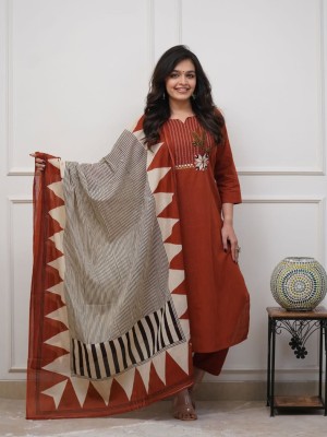 Natasha Emroidered Straight Cotton Kurti Pant With Dupatta Salwar Kameez For Women