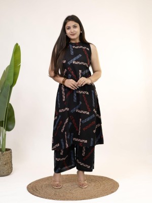 Kavya A-Line Geometric Print Sleeveless Cotton Kurti Pant Co Ord Set For Women (Set Of 2)