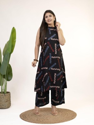 Kavya A-Line Geometric Print Sleeveless Cotton Kurti Pant Co Ord Set For Women (Set Of 2)