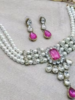 Pink White Kundan Beaded Necklace Set with Matching Earrings Bollywoord Jewellery