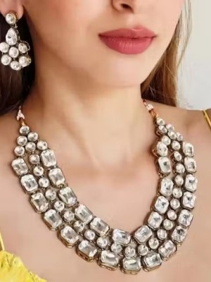 Modern Kundan Style Clear Stone Necklace Set with Earrings Handcrafted Gold Plated Party Wear Set