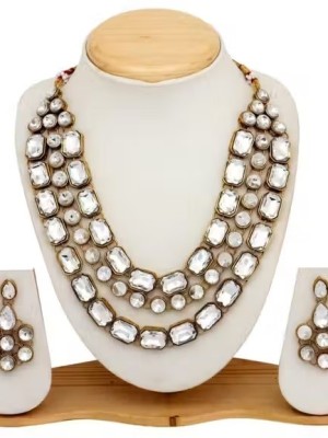 Modern Kundan Style Clear Stone Necklace Set with Earrings Handcrafted Gold Plated Party Wear Set
