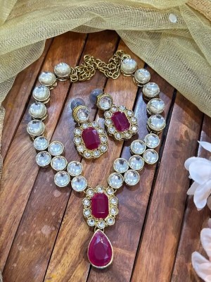 Pink Traditional Kundan Style Clear Stone Choker Necklace Earrings Set Gold Plated Party Wear Set