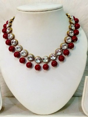 Maroon Pearl Traditional Kundan Style beaded Choker Necklace Earrings Set Gold Plated Party Wear Set